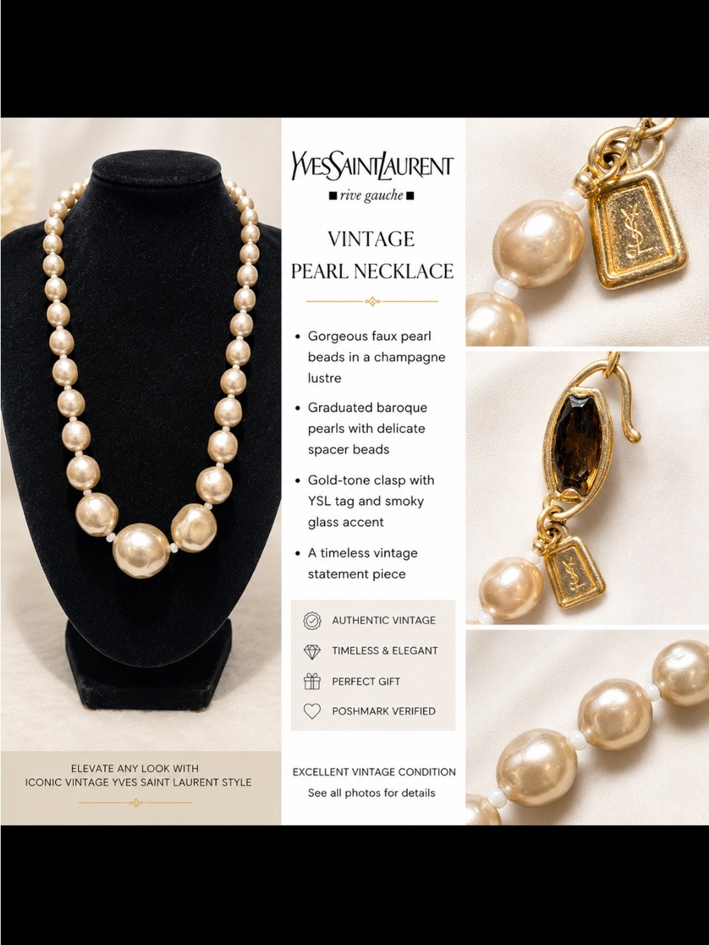 Vintage Yves Saint Laurent Gold-Tone & Champagne Faux Pearl Necklace